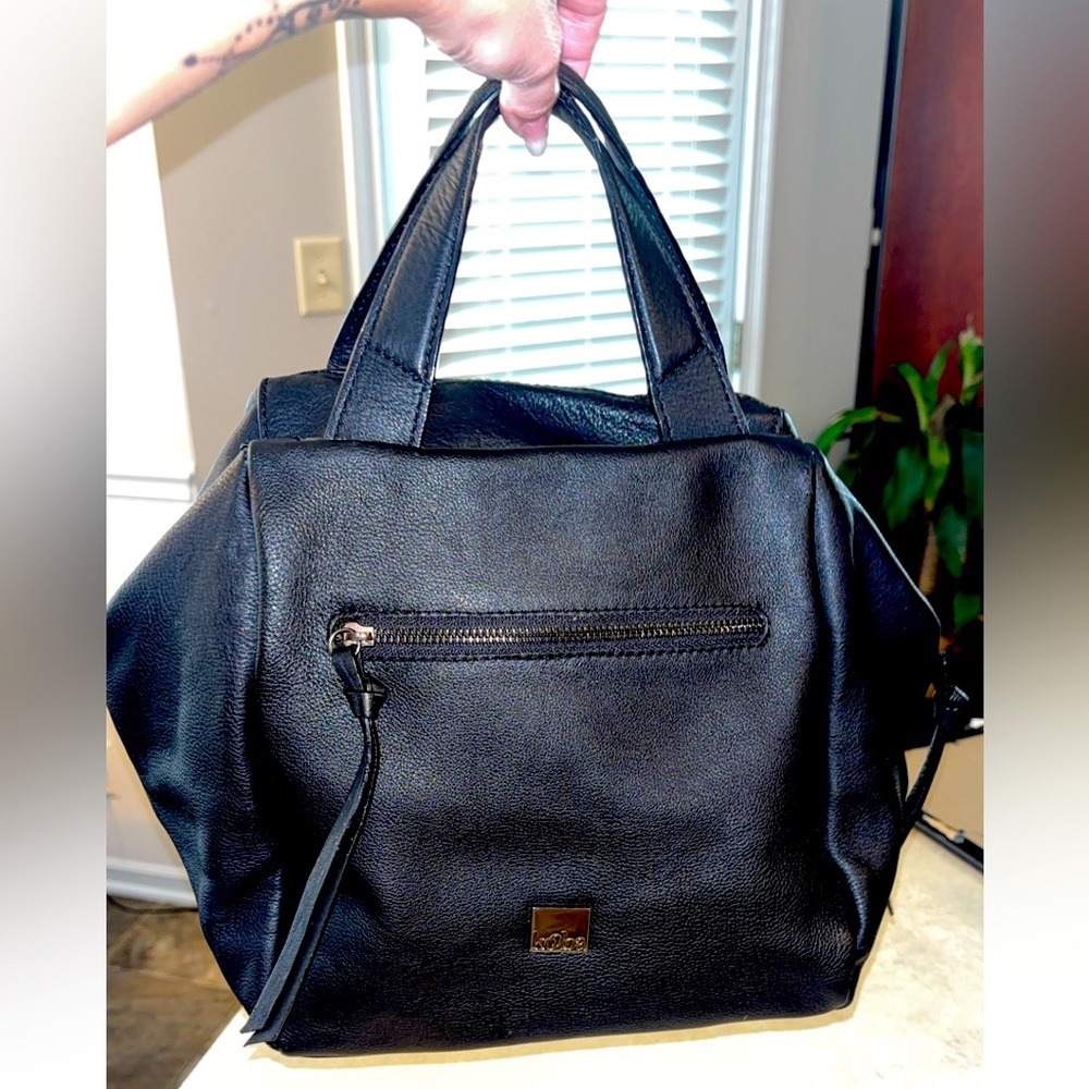 KOOBA  BLACK LEATHER PASADENA SATCHEL CROSSBODY PURSE BAG STITCHED BACK